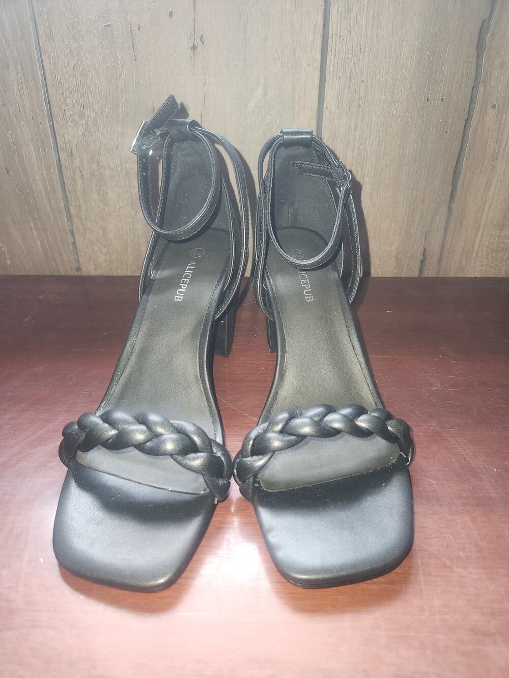Alicepub Black Braided Strap Block Heel Sandals Size 7.5